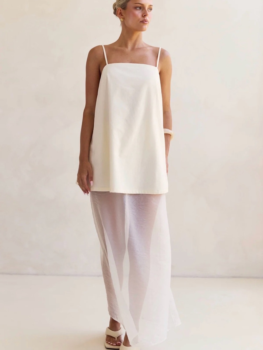 Sloane Cream A-line Babydoll Dress and Daniela Sheer Maxi Skirt